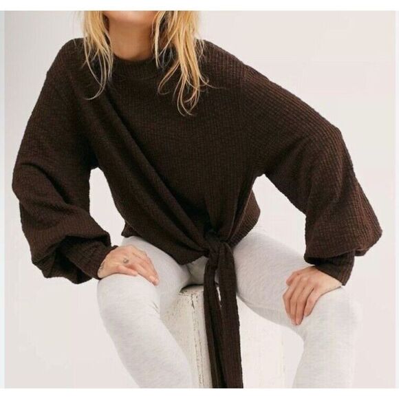 78- FREE PEOPLE Beach Gulfport Black Tie Waist Textured Knit Shirt Top Sz L BOHO - Picture 2 of 4